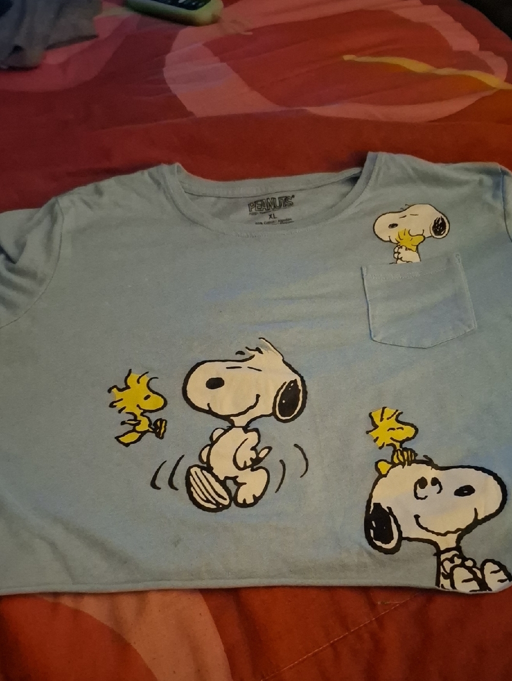 Peanuts Light Blue Kids Tee with Snoopy & Woodstock Pocket Print